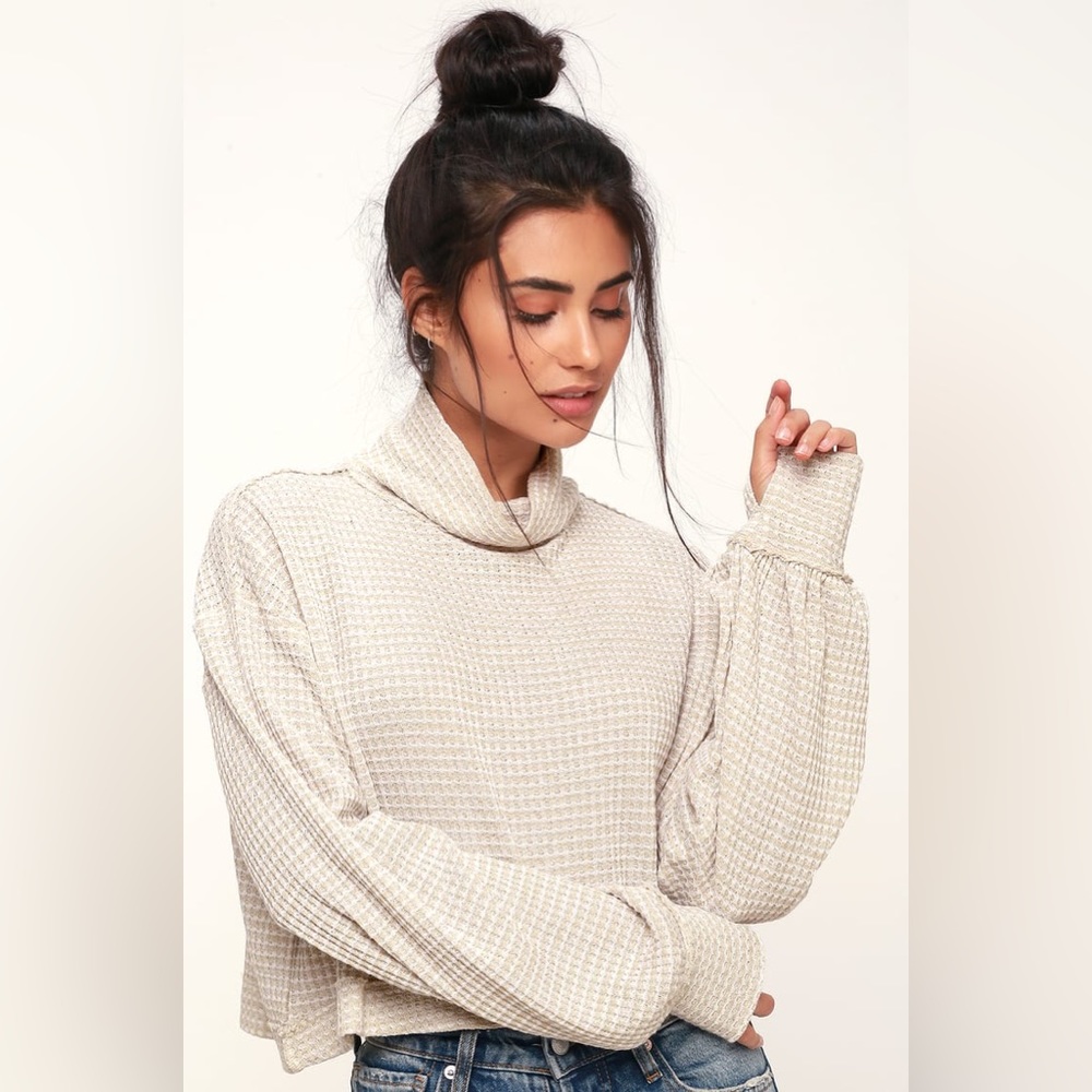 Free People BK White and Beige Turtleneck Long Sleeve Top - Size Small, EUC